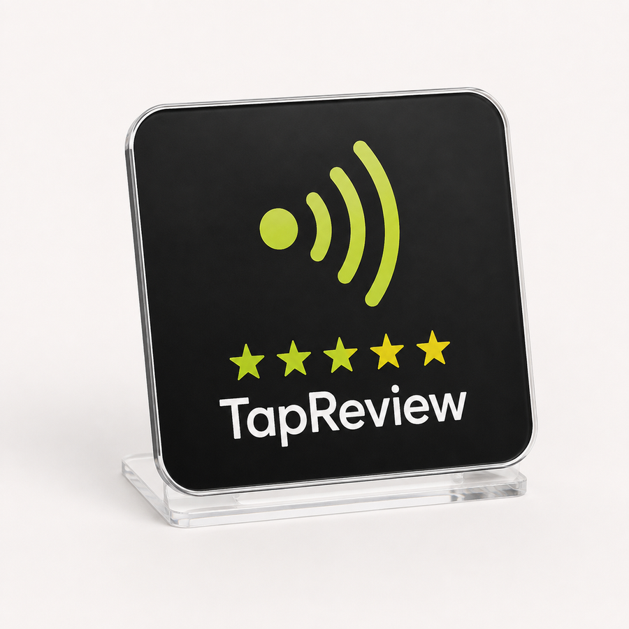 Espositore NFC TapReview da banco in funzione